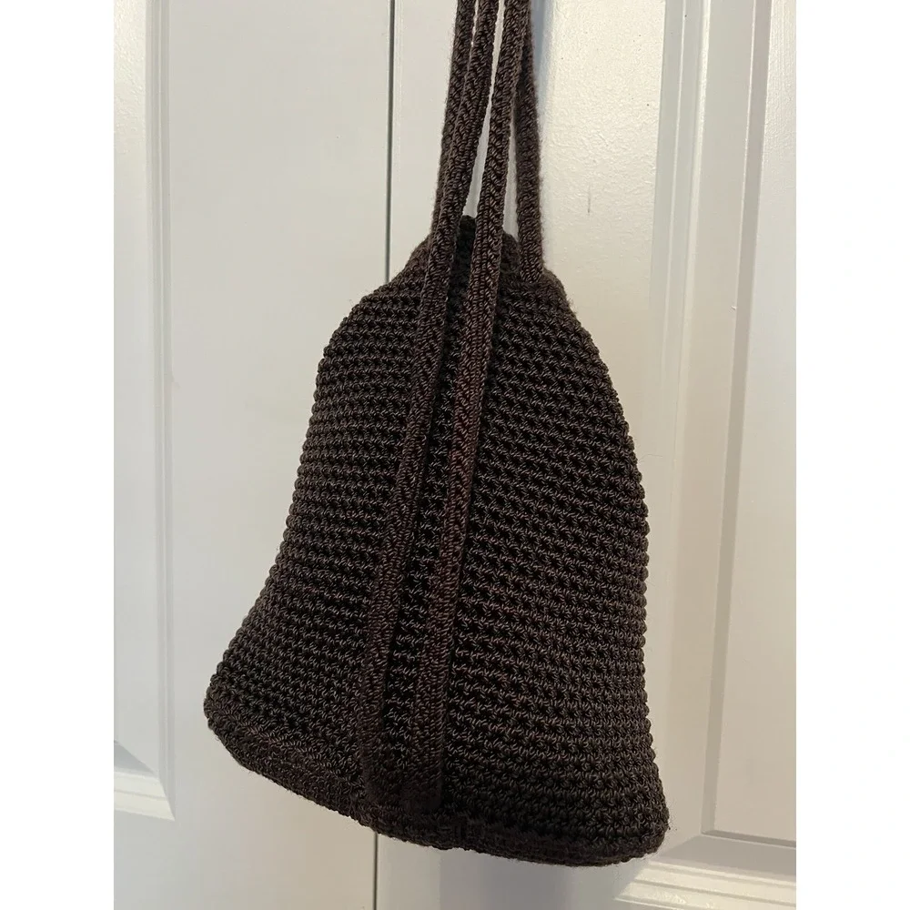The Sak  Small Crocheted‎ Bucket Purse Drawstring Backpack Boho Bag Dark Brown